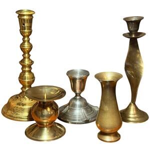 Vintage 5 Piece Brass & Pewter Candlesticks and Mini Vase Lot MCM Boho Decor